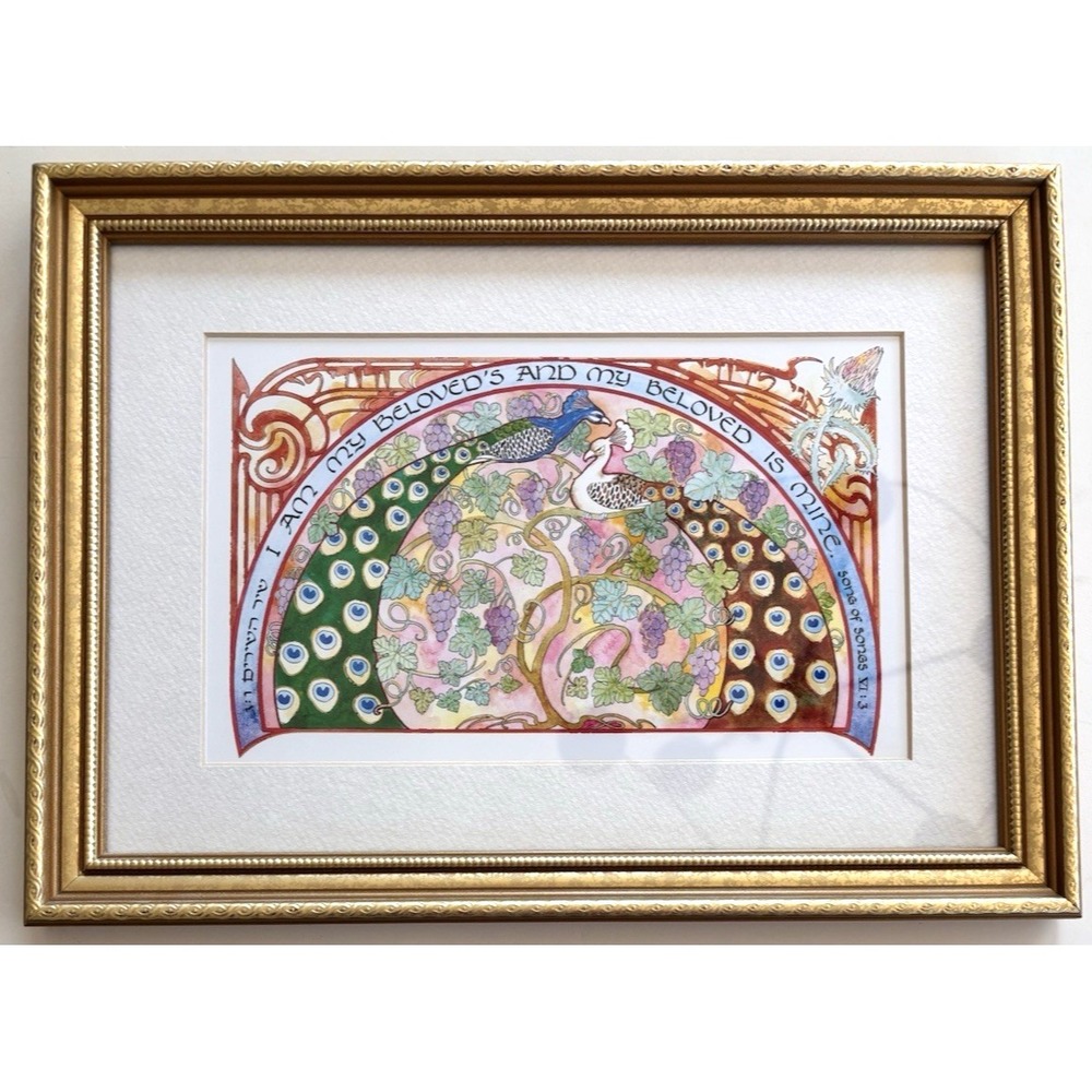 Mickie Caspi Judaic Art Print Framed Song of Songs 6:3 Watercolor Gold Accents